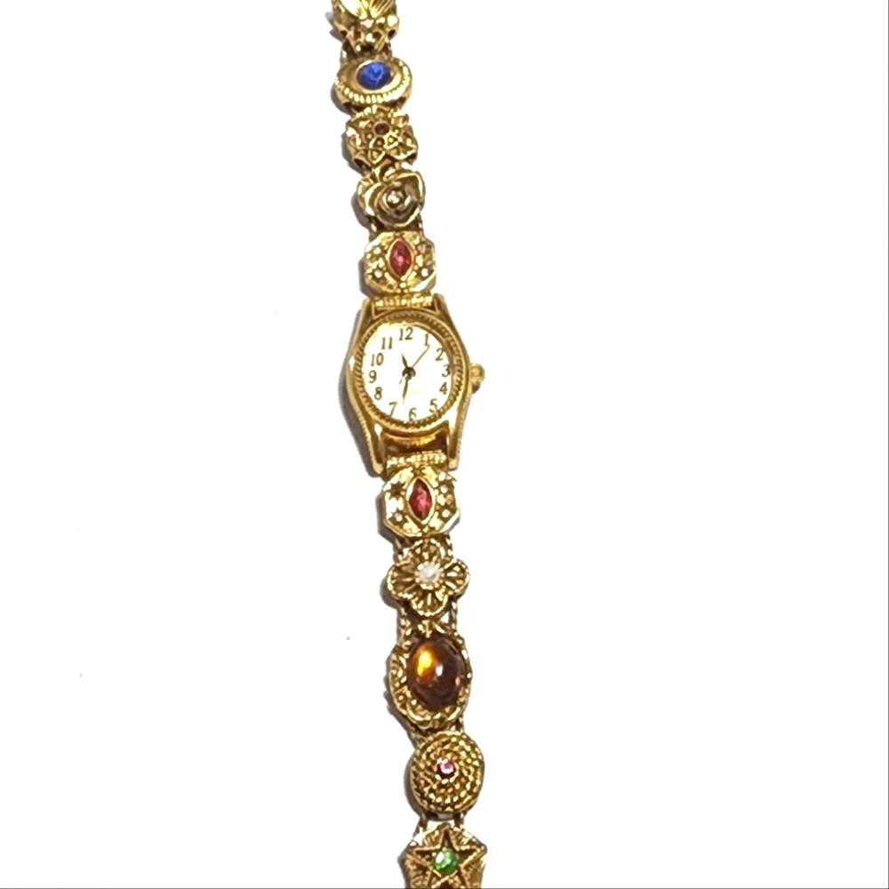 Vintage Avon Watch Women Gold Tone Slider Charm Band Victorian Revival 7"-7.5”